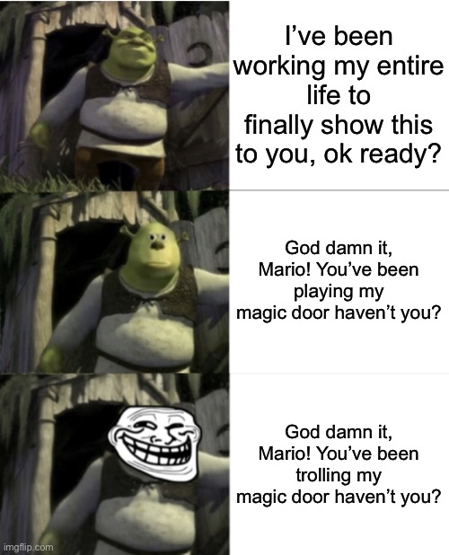 Triple Shrek Face Swap | I’ve been working my entire life to finally show this to you, ok ready? God damn it, Mario! You’ve been playing my magic door haven’t you? G | image tagged in triple shrek face swap | made w/ Imgflip meme maker