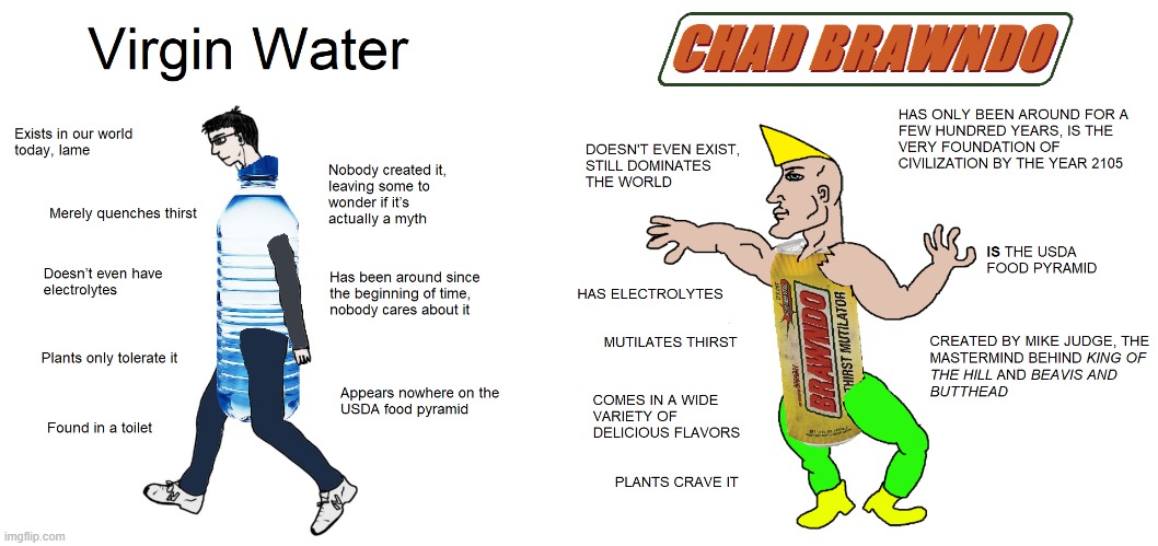 If you've ever seen or heard of the movie Idiocracy, then you should get this. | . | image tagged in water,brawndo,idiocracy,virgin vs chad | made w/ Imgflip meme maker
