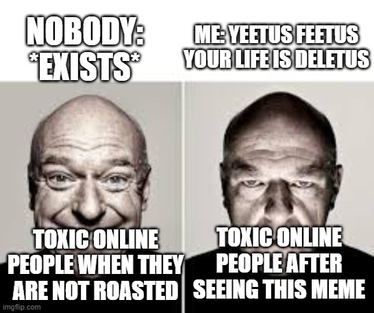 to happy to mad | ME: YEETUS FEETUS YOUR LIFE IS DELETUS; NOBODY: *EXISTS*; TOXIC ONLINE PEOPLE AFTER SEEING THIS MEME; TOXIC ONLINE PEOPLE WHEN THEY ARE NOT ROASTED | image tagged in to happy to mad | made w/ Imgflip meme maker