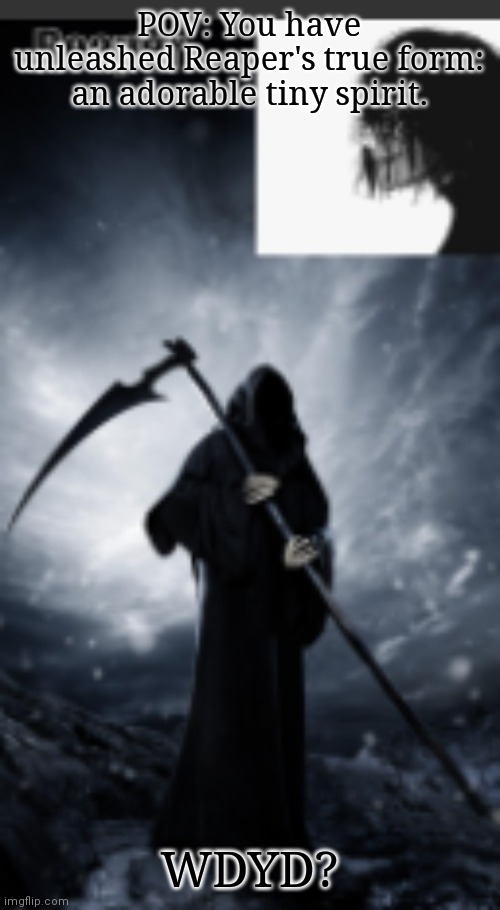 Real last one. | POV: You have unleashed Reaper's true form: an adorable tiny spirit. WDYD? | image tagged in chaos's new announcement template | made w/ Imgflip meme maker