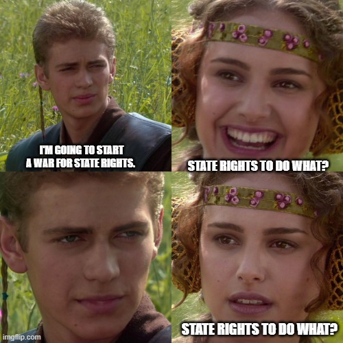 for the states to do ...something.... | I'M GOING TO START A WAR FOR STATE RIGHTS. STATE RIGHTS TO DO WHAT? STATE RIGHTS TO DO WHAT? | image tagged in anakin padme 4 panel | made w/ Imgflip meme maker