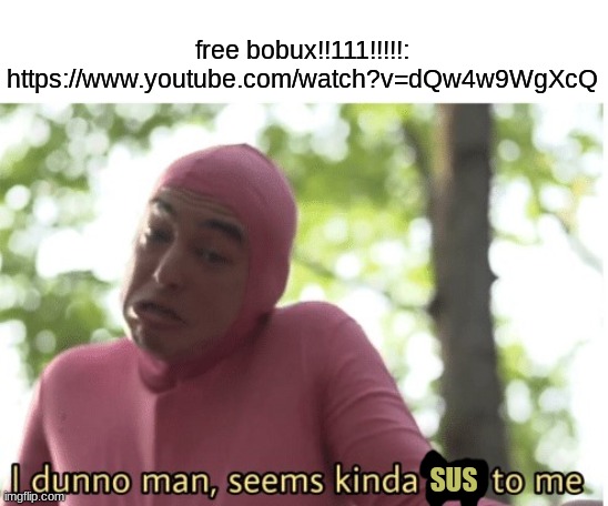 SUS | free bobux!!111!!!!!: https://www.youtube.com/watch?v=dQw4w9WgXcQ; SUS | image tagged in dunno man | made w/ Imgflip meme maker
