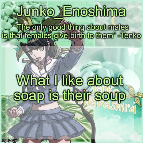 S o u p | What I like about soap is their soup | image tagged in junko's tenko temp,soup | made w/ Imgflip meme maker