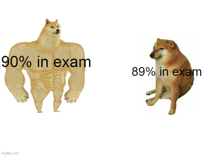 Buff Doge vs. Cheems Meme | 90% in exam; 89% in exam | image tagged in memes,buff doge vs cheems | made w/ Imgflip meme maker