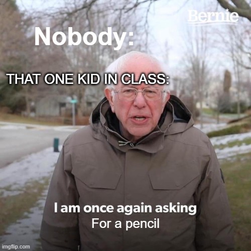 Am I right? | Nobody:; THAT ONE KID IN CLASS:; For a pencil | image tagged in memes,bernie i am once again asking for your support | made w/ Imgflip meme maker