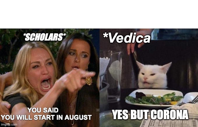 Woman Yelling At Cat | *SCHOLARS*; *Vedica; YOU SAID 
YOU WILL START IN AUGUST; YES BUT CORONA | image tagged in memes,woman yelling at cat | made w/ Imgflip meme maker