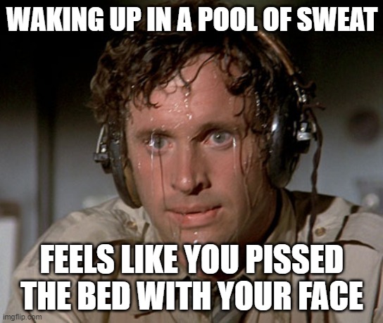 Sweating on commute after jiu-jitsu | WAKING UP IN A POOL OF SWEAT; FEELS LIKE YOU PISSED THE BED WITH YOUR FACE | image tagged in sweating on commute after jiu-jitsu,mugatu so hot right now,too hot,summer time,funny | made w/ Imgflip meme maker