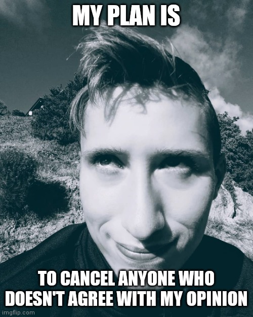 E V I L | MY PLAN IS; TO CANCEL ANYONE WHO DOESN'T AGREE WITH MY OPINION | image tagged in stephen m green his evil plan,stephenmgreen,youtubers,actors,artists,2020 | made w/ Imgflip meme maker