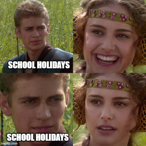 School holidays | SCHOOL HOLIDAYS; SCHOOL HOLIDAYS | image tagged in anakin padme 4 panel | made w/ Imgflip meme maker