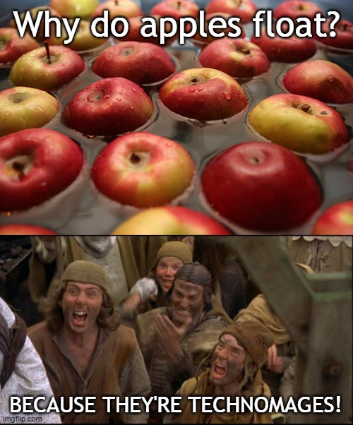 Technomages | Why do apples float? BECAUSE THEY'RE TECHNOMAGES! | image tagged in monty python,witches,apples,babylon 5 | made w/ Imgflip meme maker