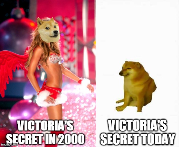 Strong Victoria's Secret VS Weak Victoria's Secret |  VICTORIA'S SECRET TODAY; VICTORIA'S SECRET IN 2000 | image tagged in buff doge vs cheems,doge 2,victoriasecret | made w/ Imgflip meme maker