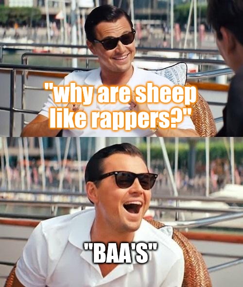 Leonardo Dicaprio Wolf Of Wall Street Meme | "why are sheep like rappers?" "BAA'S" | image tagged in memes,leonardo dicaprio wolf of wall street | made w/ Imgflip meme maker