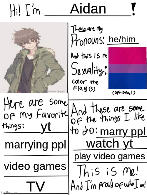 LGBTQ BIO (pls propose to me in comments) | Aidan; he/him; yt; marry ppl; marrying ppl; watch yt; play video games; video games; TV | image tagged in lgbtq stream account profile | made w/ Imgflip meme maker