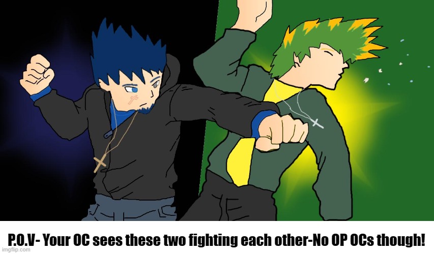 Just don't turn it sexual though, also these are just new OCs that are based of my old high school and their rival, so it makes  | P.O.V- Your OC sees these two fighting each other-No OP OCs though! | made w/ Imgflip meme maker