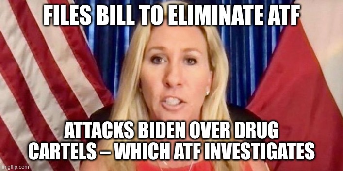 Clueless | FILES BILL TO ELIMINATE ATF; ATTACKS BIDEN OVER DRUG CARTELS – WHICH ATF INVESTIGATES | image tagged in marjorie taylor greene,stupid,moron,q,gop,gqp | made w/ Imgflip meme maker