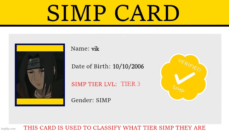 my simp card | vik; 10/10/2006; TIER 3 | image tagged in simp | made w/ Imgflip meme maker