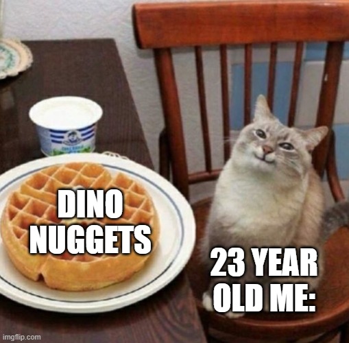 Cat likes their waffle | DINO NUGGETS; 23 YEAR OLD ME: | image tagged in cat likes their waffle | made w/ Imgflip meme maker