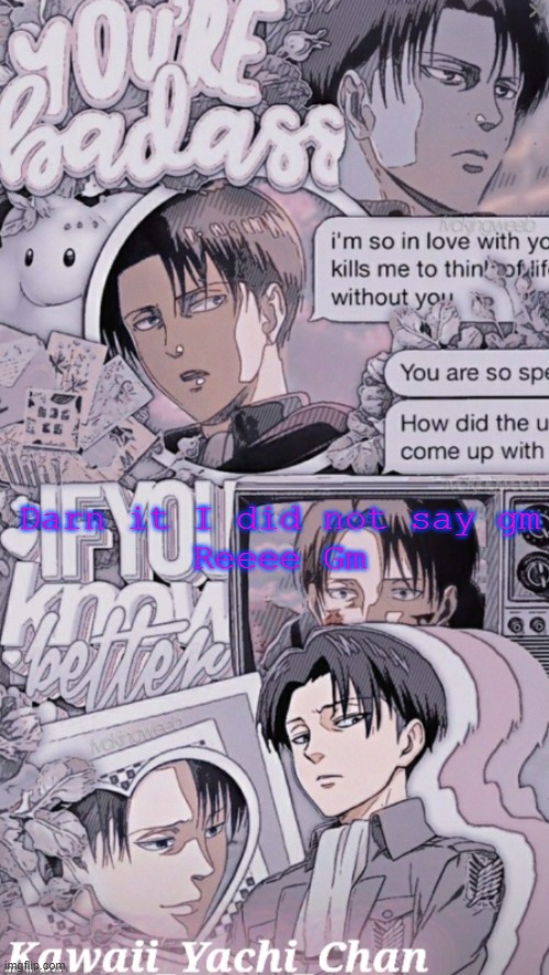 Yachis levi temp | Darn it I did not say gm
Reeee Gm | image tagged in yachis levi temp | made w/ Imgflip meme maker