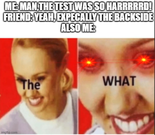 The WHAT | ME: MAN,THE TEST WAS SO HARRRRRD!
FRIEND: YEAH, EXPECALLY THE BACKSIDE
ALSO ME: | image tagged in the what | made w/ Imgflip meme maker