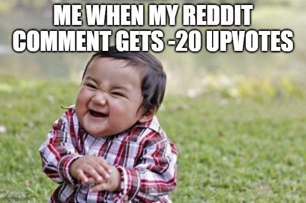 HAHAHAHA! | ME WHEN MY REDDIT COMMENT GETS -20 UPVOTES | image tagged in memes,evil toddler | made w/ Imgflip meme maker
