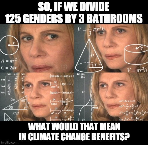 Following the "Science" | SO, IF WE DIVIDE 125 GENDERS BY 3 BATHROOMS; WHAT WOULD THAT MEAN IN CLIMATE CHANGE BENEFITS? | image tagged in calculating meme | made w/ Imgflip meme maker