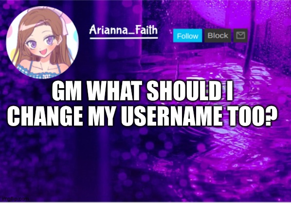 Aria temp | GM WHAT SHOULD I CHANGE MY USERNAME TOO? | image tagged in aria temp | made w/ Imgflip meme maker