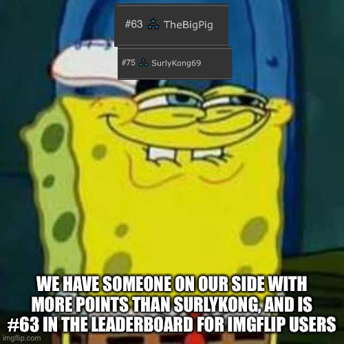 HEHEHE | WE HAVE SOMEONE ON OUR SIDE WITH MORE POINTS THAN SURLYKONG, AND IS #63 IN THE LEADERBOARD FOR IMGFLIP USERS | image tagged in hehehe | made w/ Imgflip meme maker