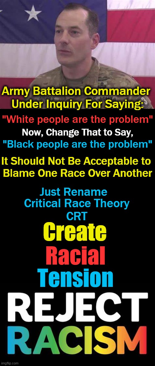 Creating Racial Tension Personifies RACISM | Army Battalion Commander 
Under Inquiry For Saying:; "White people are the problem"; Now, Change That to Say, "Black people are the problem"; It Should Not Be Acceptable to 
Blame One Race Over Another; Just Rename; Critical Race Theory 
CRT; Create; Racial; Tension | image tagged in political meme,racism,crt,dangerous,division,liberalism | made w/ Imgflip meme maker