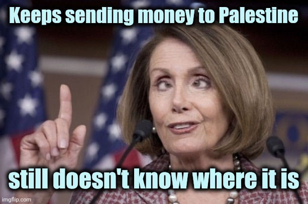 Nancy pelosi | Keeps sending money to Palestine still doesn't know where it is | image tagged in nancy pelosi | made w/ Imgflip meme maker