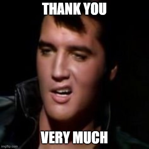 Elvis, thank you | THANK YOU VERY MUCH | image tagged in elvis thank you | made w/ Imgflip meme maker