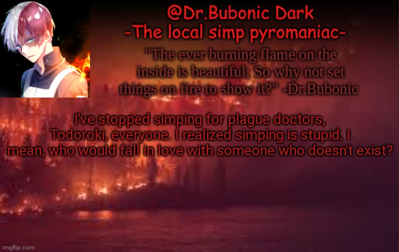 I've stopped simping for plague doctors, Todoroki, everyone. I realized simping is stupid. I mean, who would fall in love with someone who doesn't exist? | image tagged in yes i am a pyromaniac | made w/ Imgflip meme maker