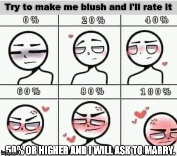 pls try. i was getting loads of negative feedback yesterday | 50% OR HIGHER AND I WILL ASK TO MARRY. | image tagged in blush | made w/ Imgflip meme maker