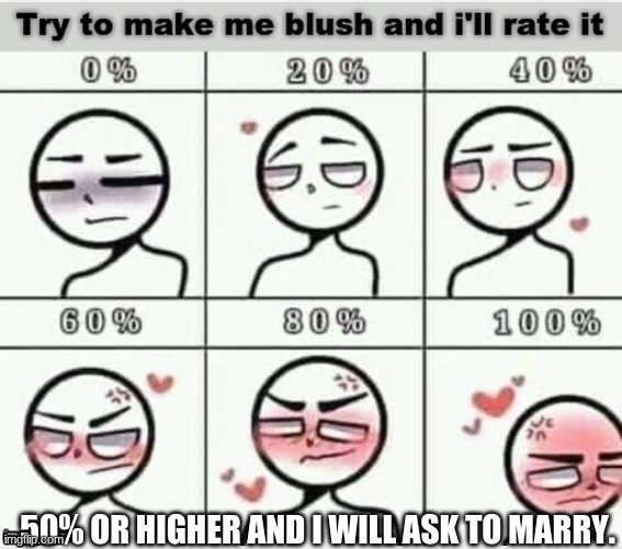 Pls try. im getting negative feedback | 50% OR HIGHER AND I WILL ASK TO MARRY. | image tagged in blush | made w/ Imgflip meme maker