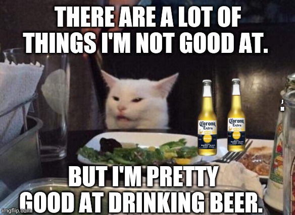 Salad cat | THERE ARE A LOT OF THINGS I'M NOT GOOD AT. J M; BUT I'M PRETTY GOOD AT DRINKING BEER. | image tagged in salad cat | made w/ Imgflip meme maker