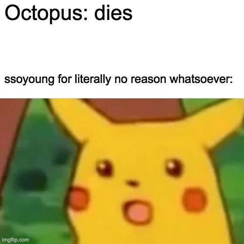 Surprised Pikachu | Octopus: dies; ssoyoung for literally no reason whatsoever: | image tagged in memes,surprised pikachu | made w/ Imgflip meme maker