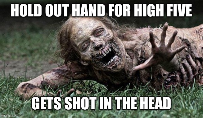 Walking Dead Zombie | HOLD OUT HAND FOR HIGH FIVE; GETS SHOT IN THE HEAD | image tagged in walking dead zombie,high five | made w/ Imgflip meme maker