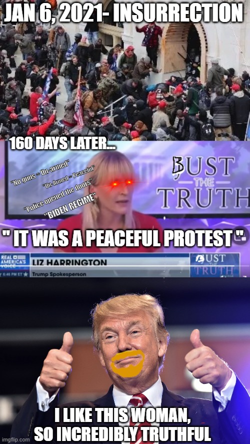 Revisionism requires collective amnesia to work | JAN 6, 2021- INSURRECTION; 160 DAYS LATER... "No guns = Un-armed"; "Un-Armed = Peaceful"; "Police opened the doors"; "BIDEN REGIME"; " IT WAS A PEACEFUL PROTEST "; I LIKE THIS WOMAN,
SO INCREDIBLY TRUTHFUL | image tagged in maga riot,revisionism,insurrection,capitol,jenna ellis | made w/ Imgflip meme maker