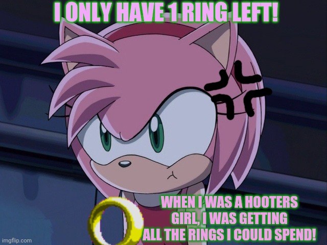 Amy rose is poor! | I ONLY HAVE 1 RING LEFT! WHEN I WAS A HOOTERS GIRL, I WAS GETTING ALL THE RINGS I COULD SPEND! | image tagged in amy rose,rings,hooters,in terms of money we have no money | made w/ Imgflip meme maker