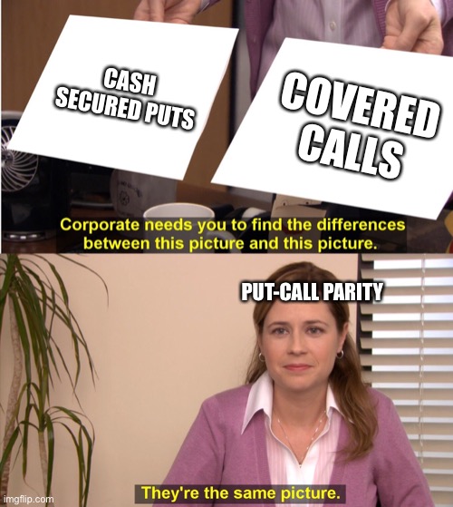 corporate wants you to find the difference | CASH SECURED PUTS; COVERED CALLS; PUT-CALL PARITY | image tagged in corporate wants you to find the difference | made w/ Imgflip meme maker