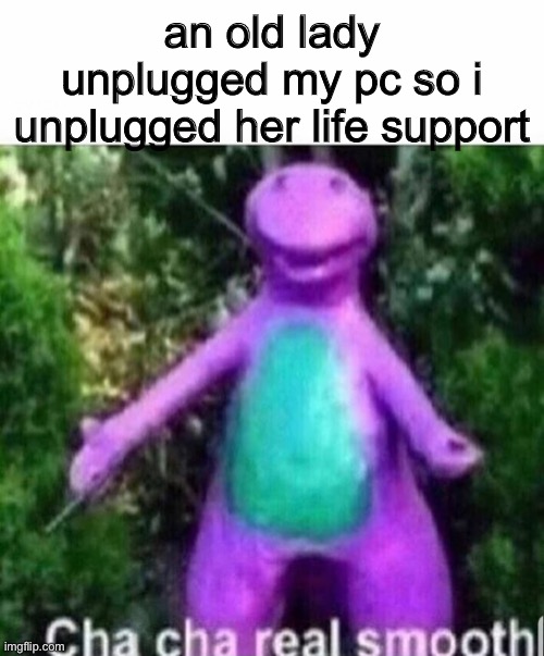 /j | an old lady unplugged my pc so i unplugged her life support | image tagged in cha cha real smooth,dark humor | made w/ Imgflip meme maker