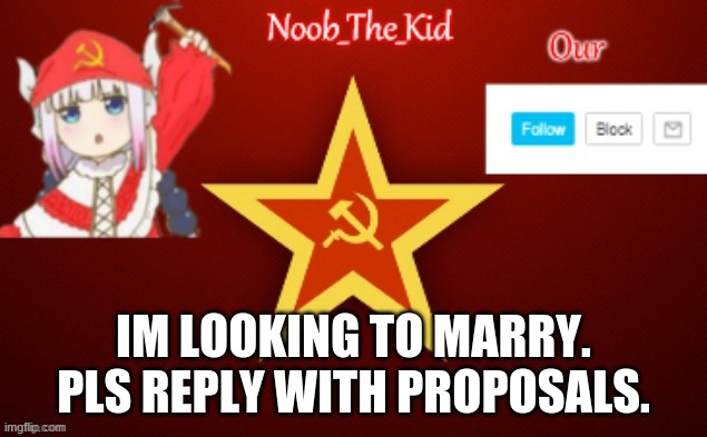 Pls... | IM LOOKING TO MARRY. PLS REPLY WITH PROPOSALS. | image tagged in noob_the_kid ussr temp | made w/ Imgflip meme maker