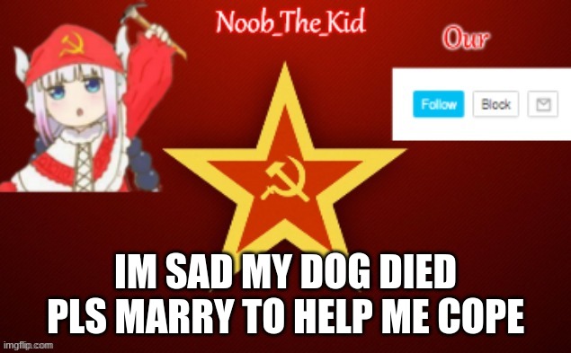 Pls... (pls approve fast) | IM SAD MY DOG DIED PLS MARRY TO HELP ME COPE | image tagged in noob_the_kid ussr temp | made w/ Imgflip meme maker