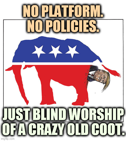 An incompetent criminal who has squandered hundreds of millions of dollars and will spend the rest of his life in court. | NO PLATFORM.
NO POLICIES. JUST BLIND WORSHIP OF A CRAZY OLD COOT. | image tagged in gop republican elephant trump poo,policy,purpose,goals,dictator,loser | made w/ Imgflip meme maker