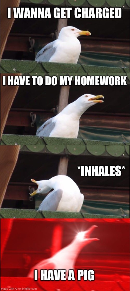i dont know why this is funny | I WANNA GET CHARGED; I HAVE TO DO MY HOMEWORK; *INHALES*; I HAVE A PIG | image tagged in memes,inhaling seagull | made w/ Imgflip meme maker