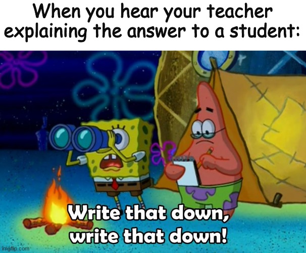 Write that down! | When you hear your teacher explaining the answer to a student: | image tagged in write that down,original meme | made w/ Imgflip meme maker