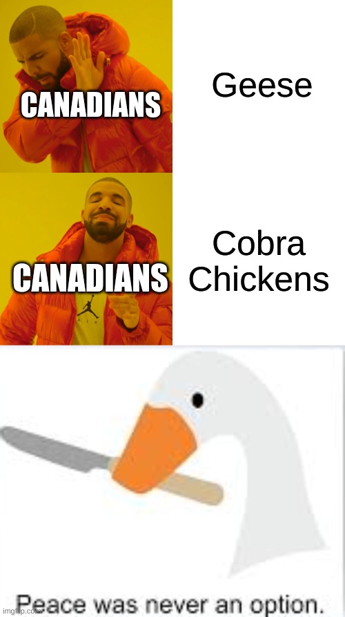 Idk a title for this | Geese; CANADIANS; Cobra Chickens; CANADIANS | image tagged in memes,drake hotline bling,untitled goose peace was never an option,goose,cobra chickens,funny memes | made w/ Imgflip meme maker