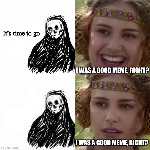 For the better right blank | It’s time to go; I WAS A GOOD MEME, RIGHT? I WAS A GOOD MEME, RIGHT? | image tagged in for the better right blank | made w/ Imgflip meme maker