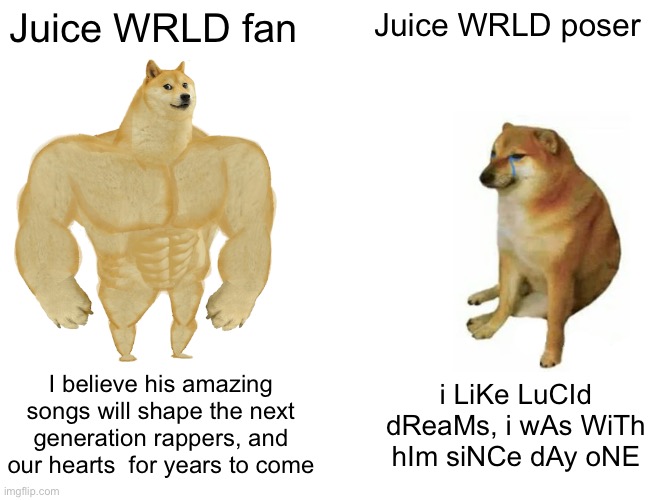 I seriously relate |  Juice WRLD fan; Juice WRLD poser; I believe his amazing songs will shape the next generation rappers, and our hearts  for years to come; i LiKe LuCId dReaMs, i wAs WiTh hIm siNCe dAy oNE | image tagged in memes,buff doge vs cheems | made w/ Imgflip meme maker