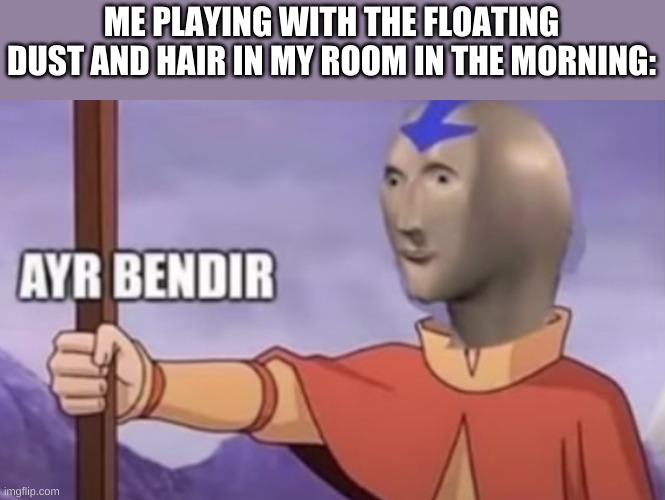 Had this idea this morning, just got the chance to post it | ME PLAYING WITH THE FLOATING DUST AND HAIR IN MY ROOM IN THE MORNING: | image tagged in ayr bendir stonks,avatar the last airbender | made w/ Imgflip meme maker