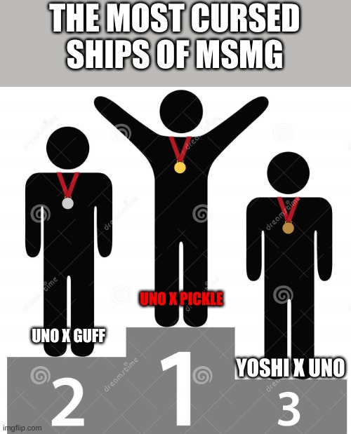 And the winners are.... | THE MOST CURSED SHIPS OF MSMG; UNO X PICKLE; UNO X GUFF; YOSHI X UNO | image tagged in and the winners are | made w/ Imgflip meme maker